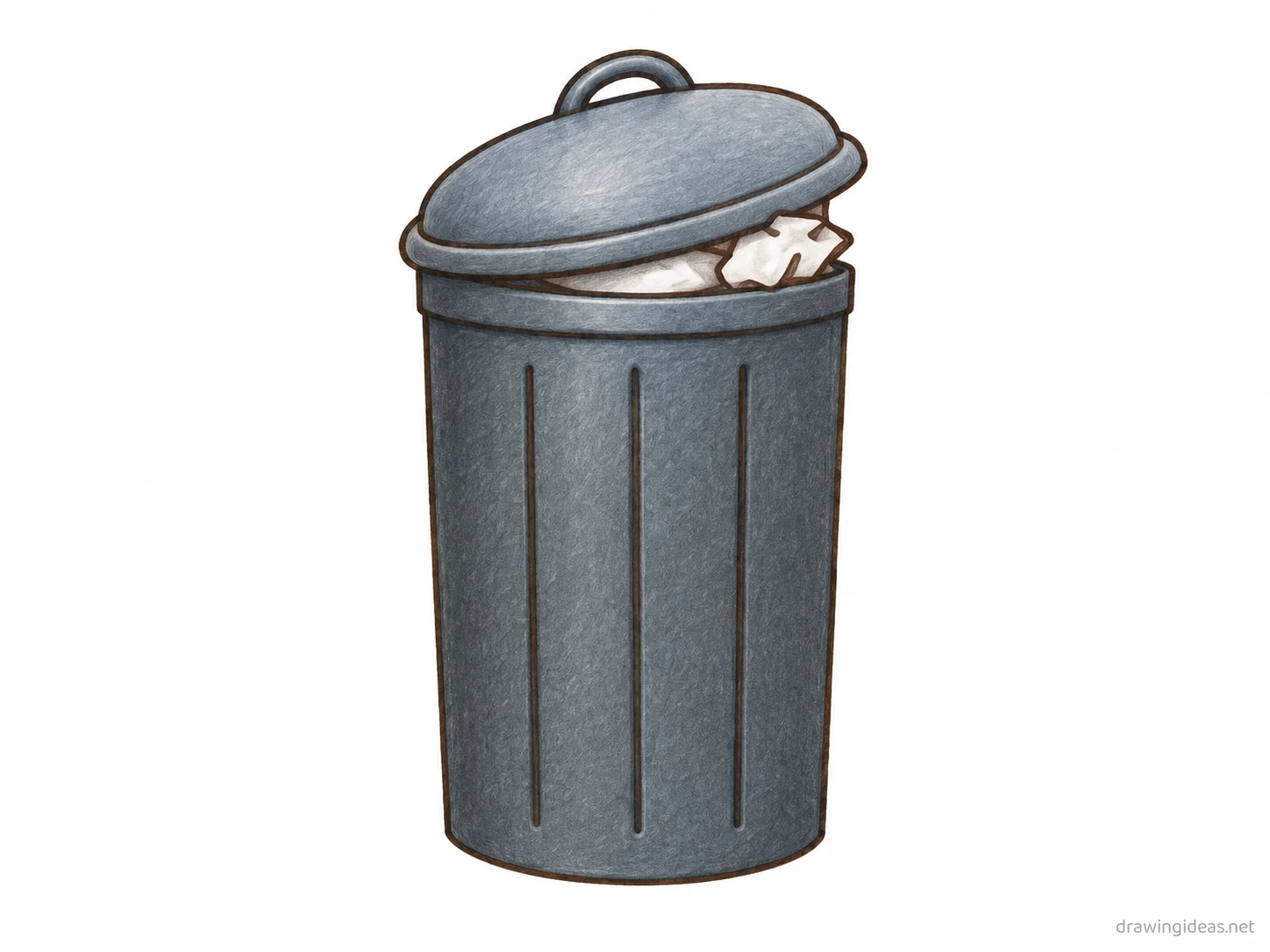 Trash Can drawing — hand-drawn trash can illustration with ink lines and soft colors