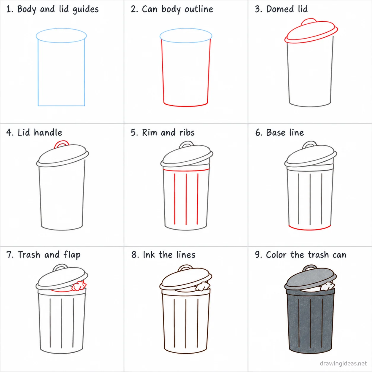 How to draw a trash can step by step — 9-step trash can drawing tutorial sheet