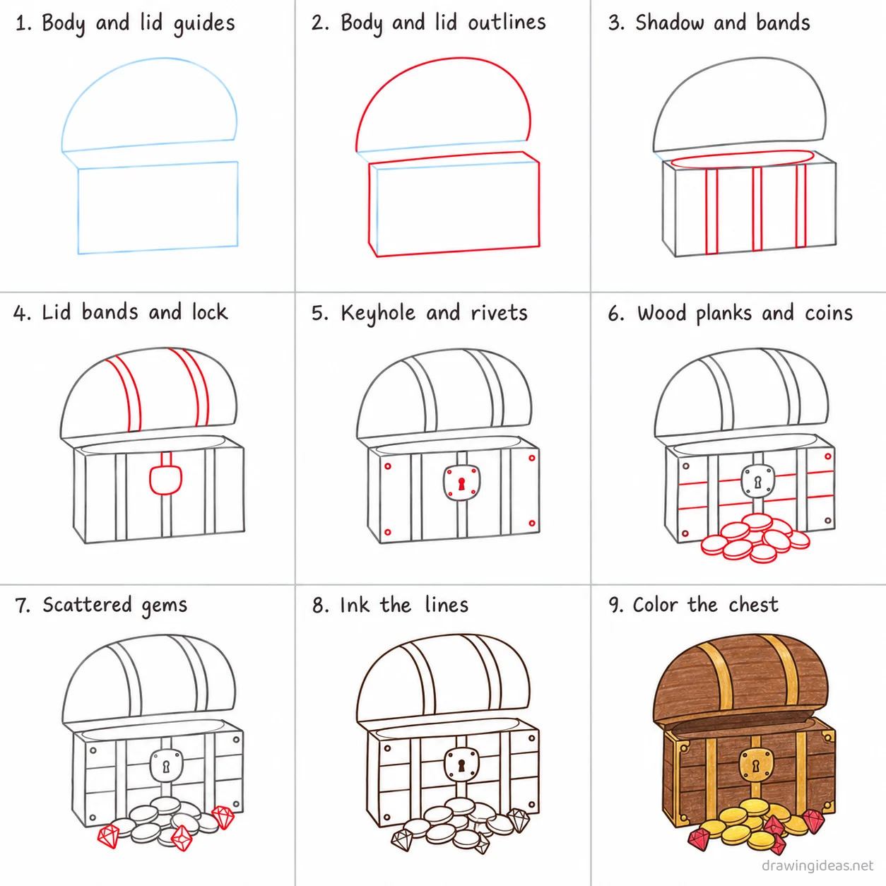 How to draw a treasure chest step by step — 9-step treasure chest drawing tutorial sheet