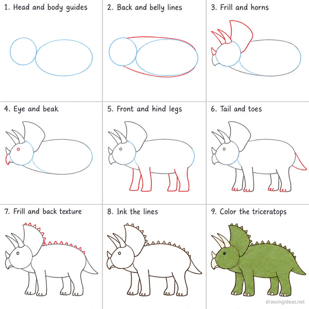 How to draw a triceratops step by step — 9-step triceratops drawing tutorial sheet