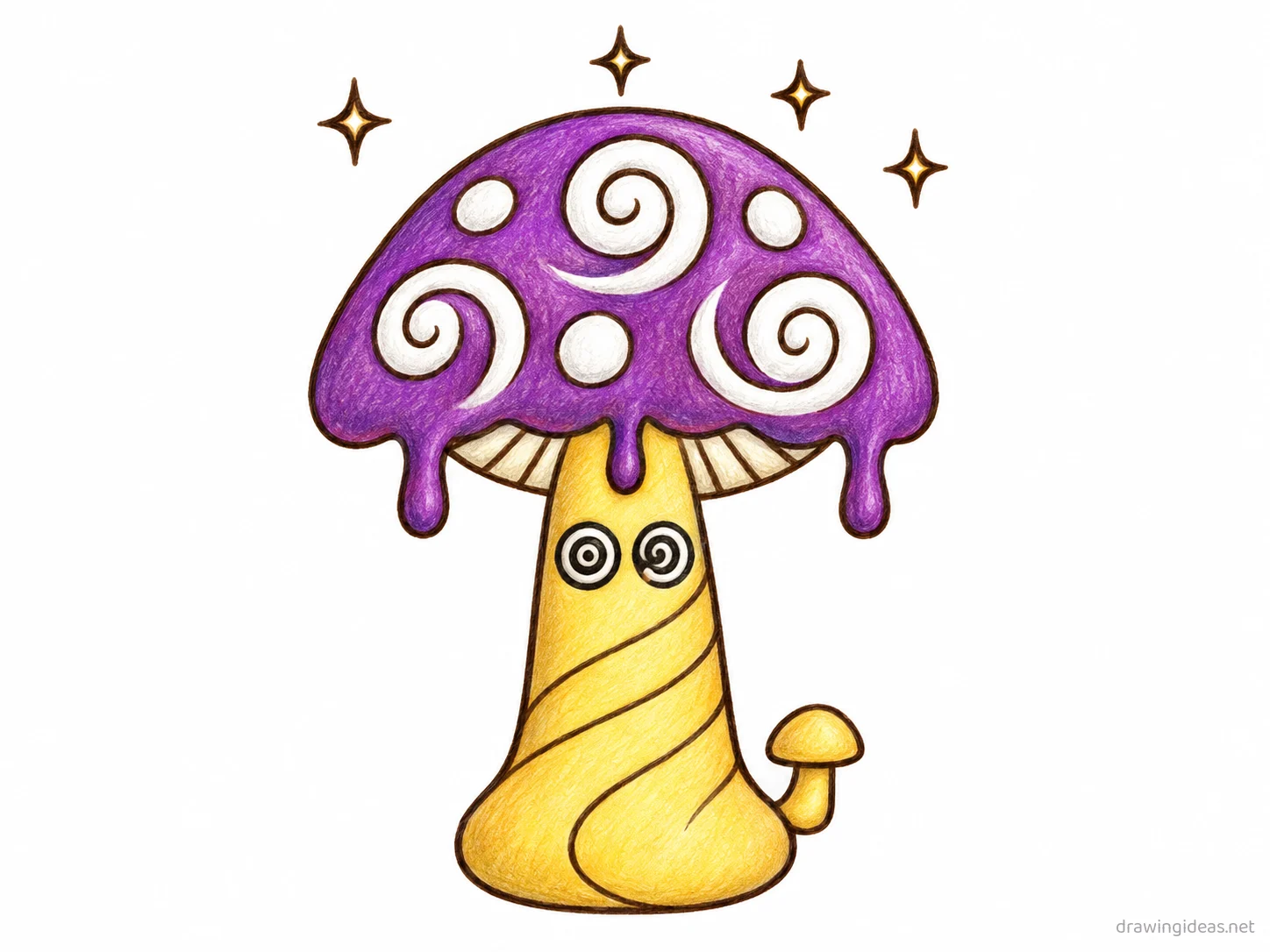 Trippy Mushroom drawing — hand-drawn trippy mushroom illustration with ink lines and soft colors