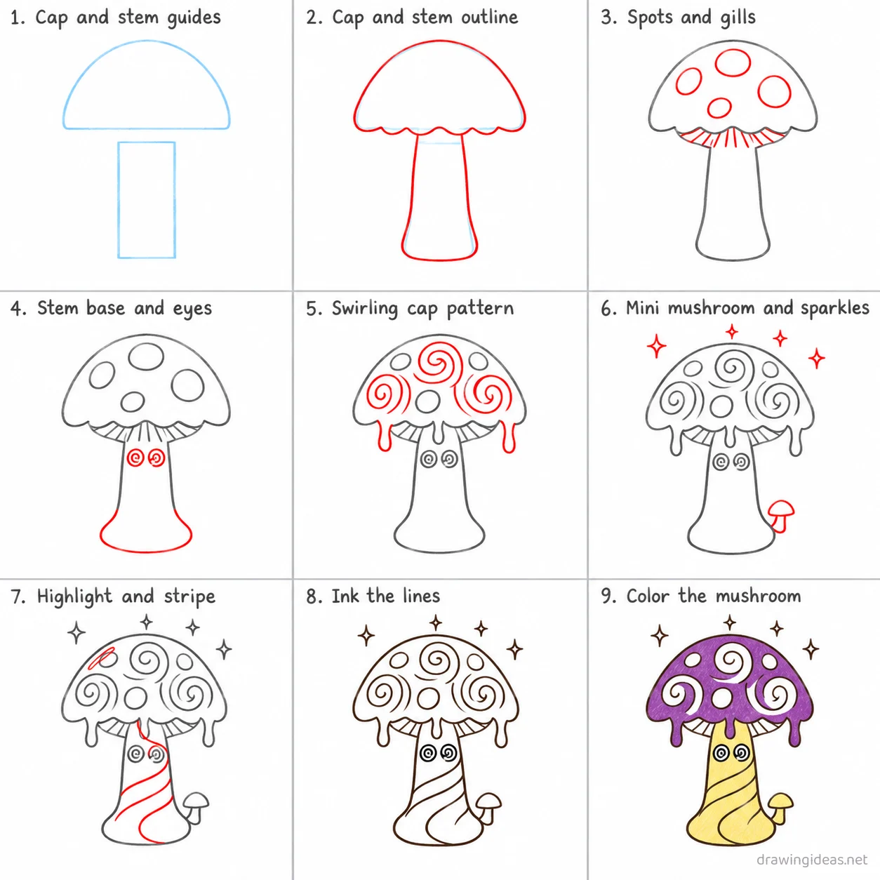 How to draw a trippy mushroom step by step — 9-step trippy mushroom drawing tutorial sheet
