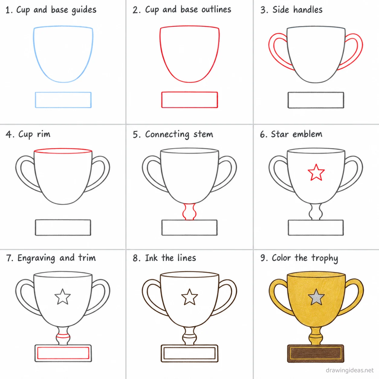 How to draw a trophy step by step — 9-step trophy drawing tutorial sheet