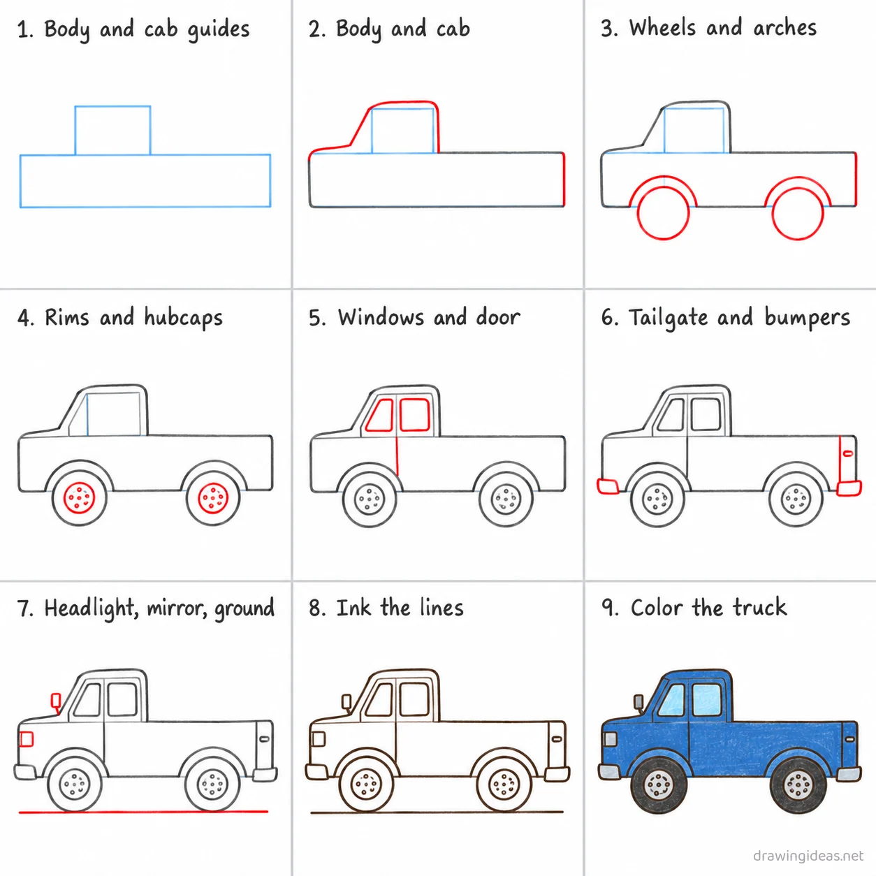How to draw a truck step by step — 9-step truck drawing tutorial sheet