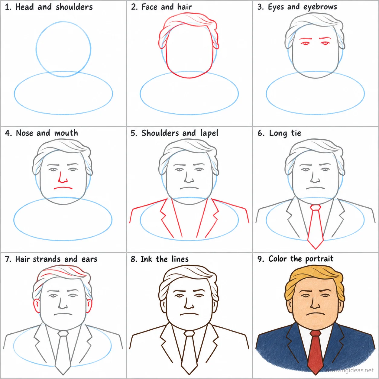 How to draw Trump step by step — 9-step Trump drawing tutorial sheet