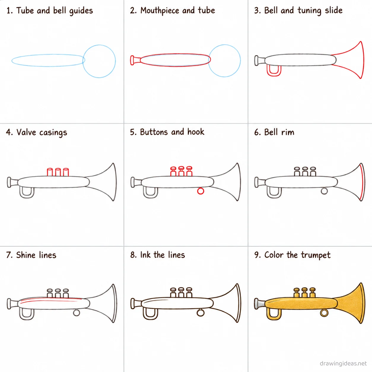How to draw a trumpet step by step — 9-step trumpet drawing tutorial sheet