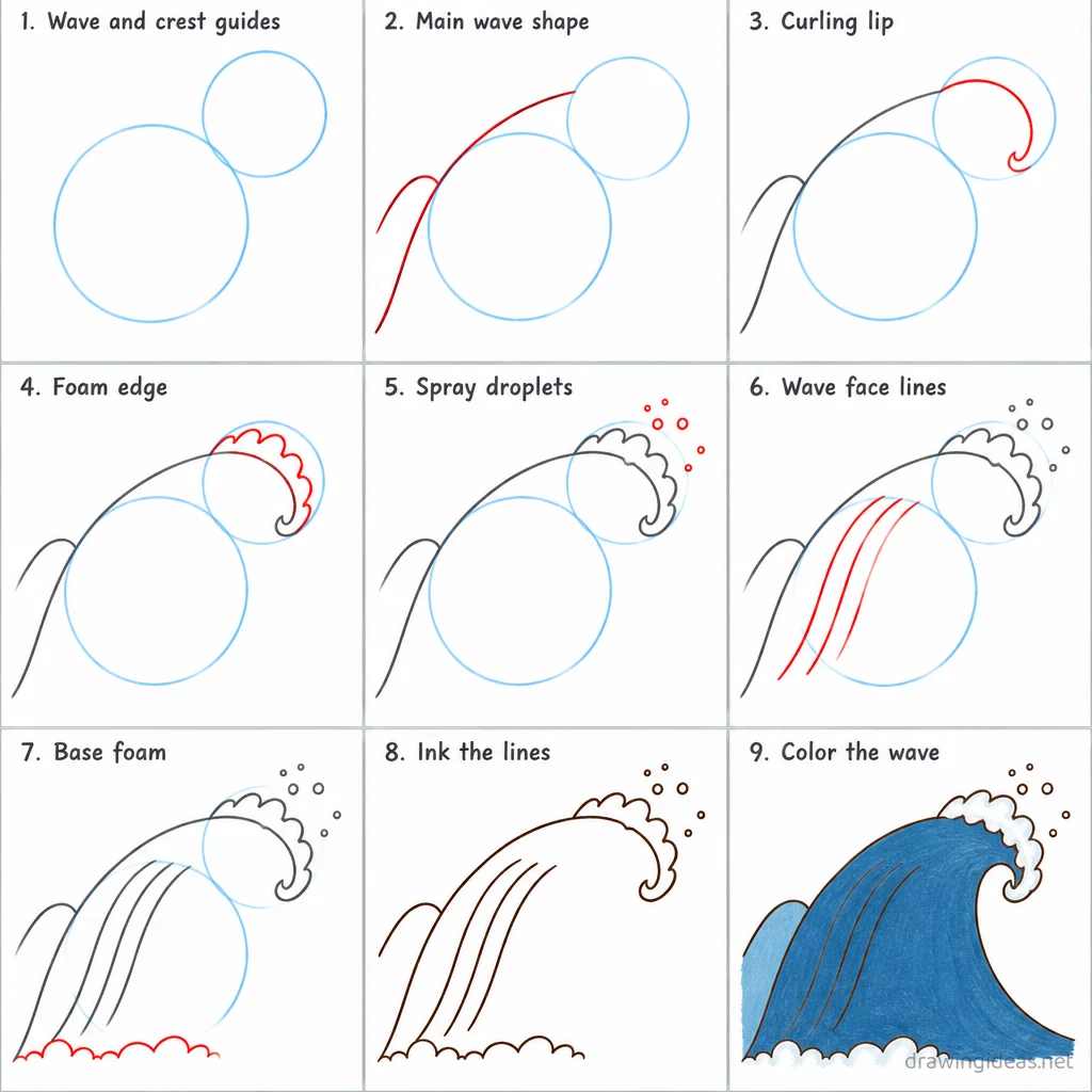 How to draw a tsunami step by step — 9-step tsunami drawing tutorial sheet