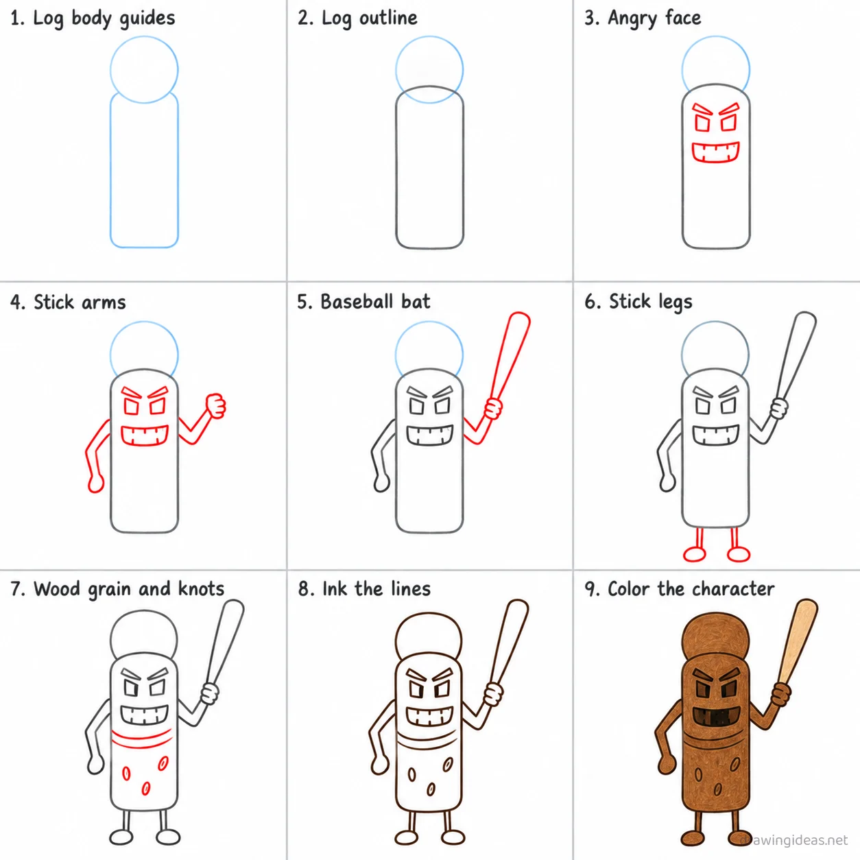 How to draw Tung Tung Tung Sahur step by step — 9-step Tung Tung Tung Sahur drawing tutorial sheet