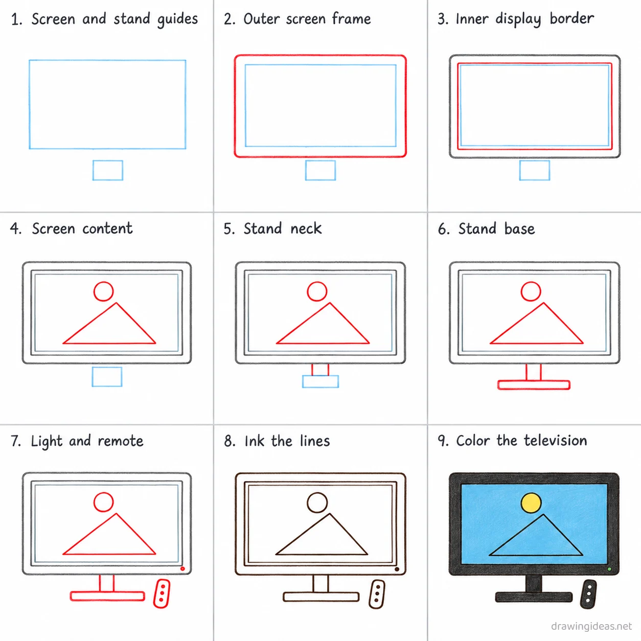 How to draw a tv step by step — 9-step tv drawing tutorial sheet