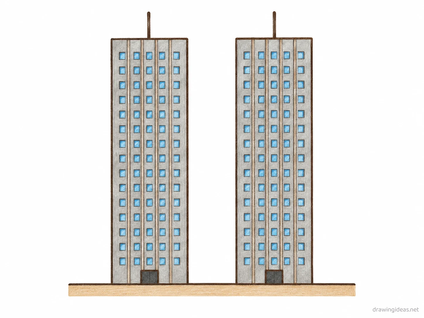 Twin Towers drawing — hand-drawn Twin Towers illustration with ink lines and soft colors