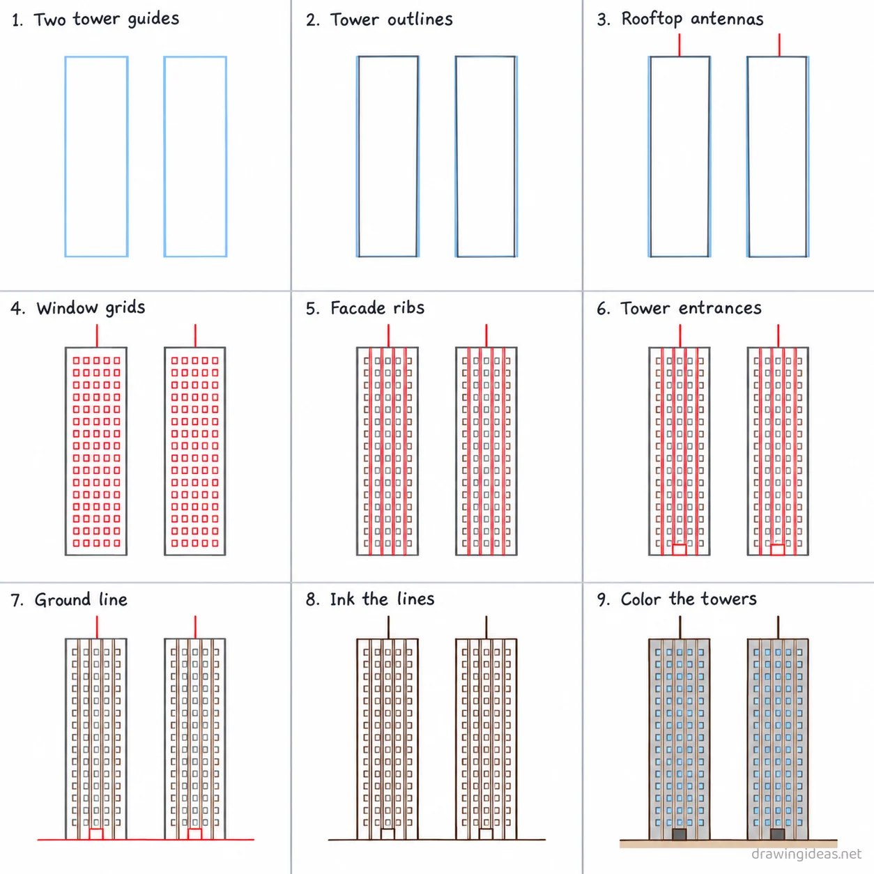 How to draw the Twin Towers step by step — 9-step Twin Towers drawing tutorial sheet