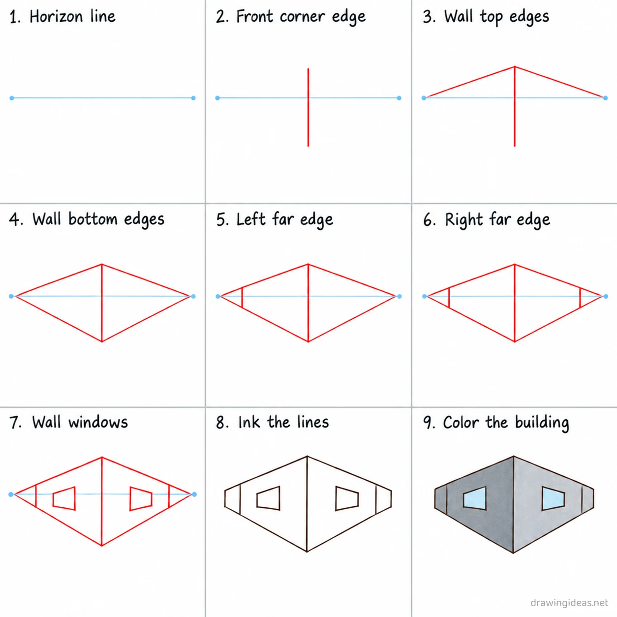 How to draw two point perspective step by step — 9-step two point perspective drawing tutorial sheet