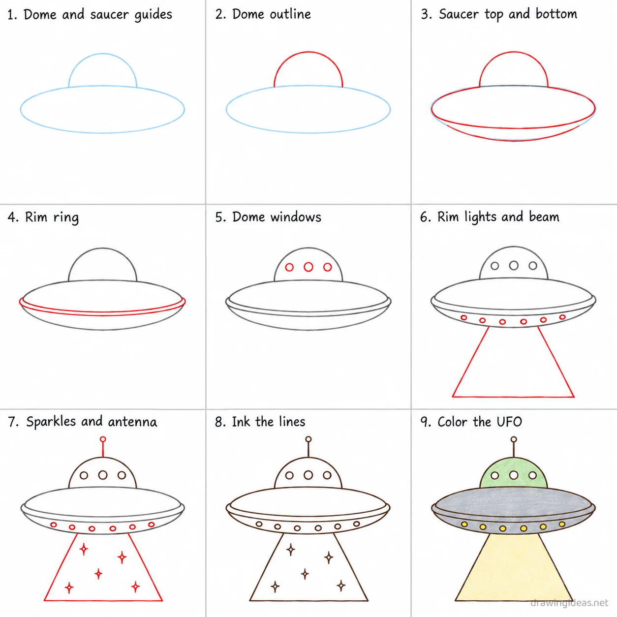 How to draw an ufo step by step — 9-step ufo drawing tutorial sheet