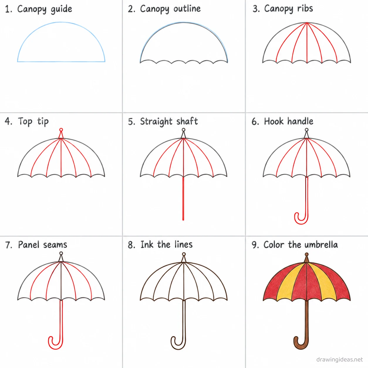 How to draw an umbrella step by step — 9-step umbrella drawing tutorial sheet