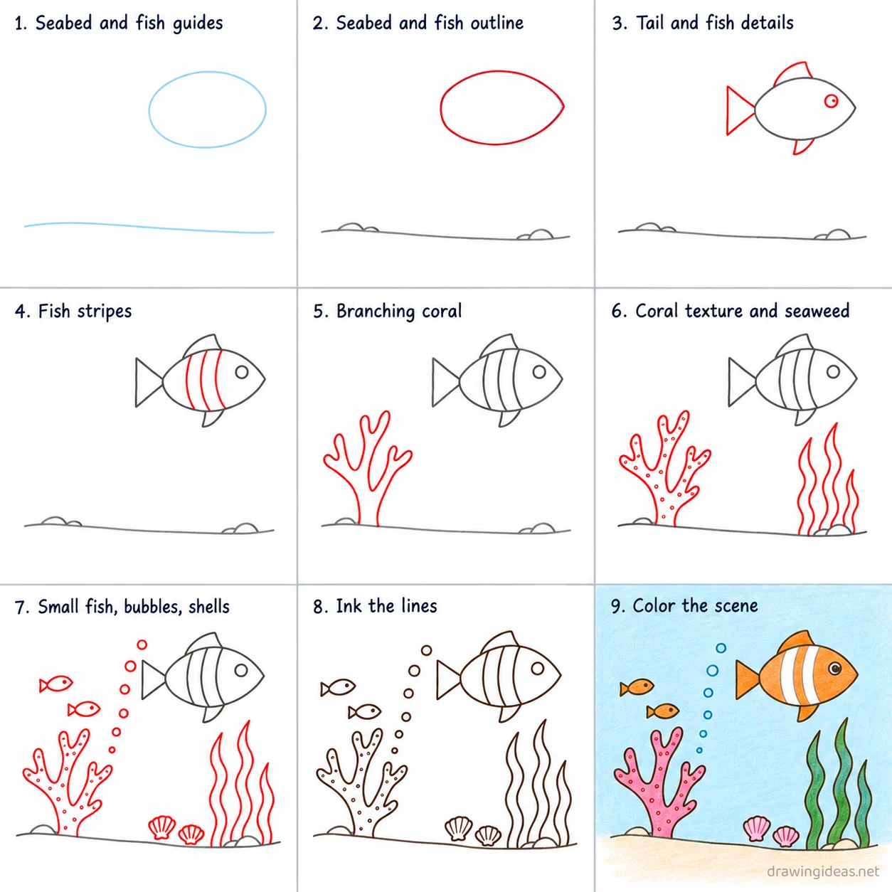 How to draw underwater step by step — 9-step underwater drawing tutorial sheet