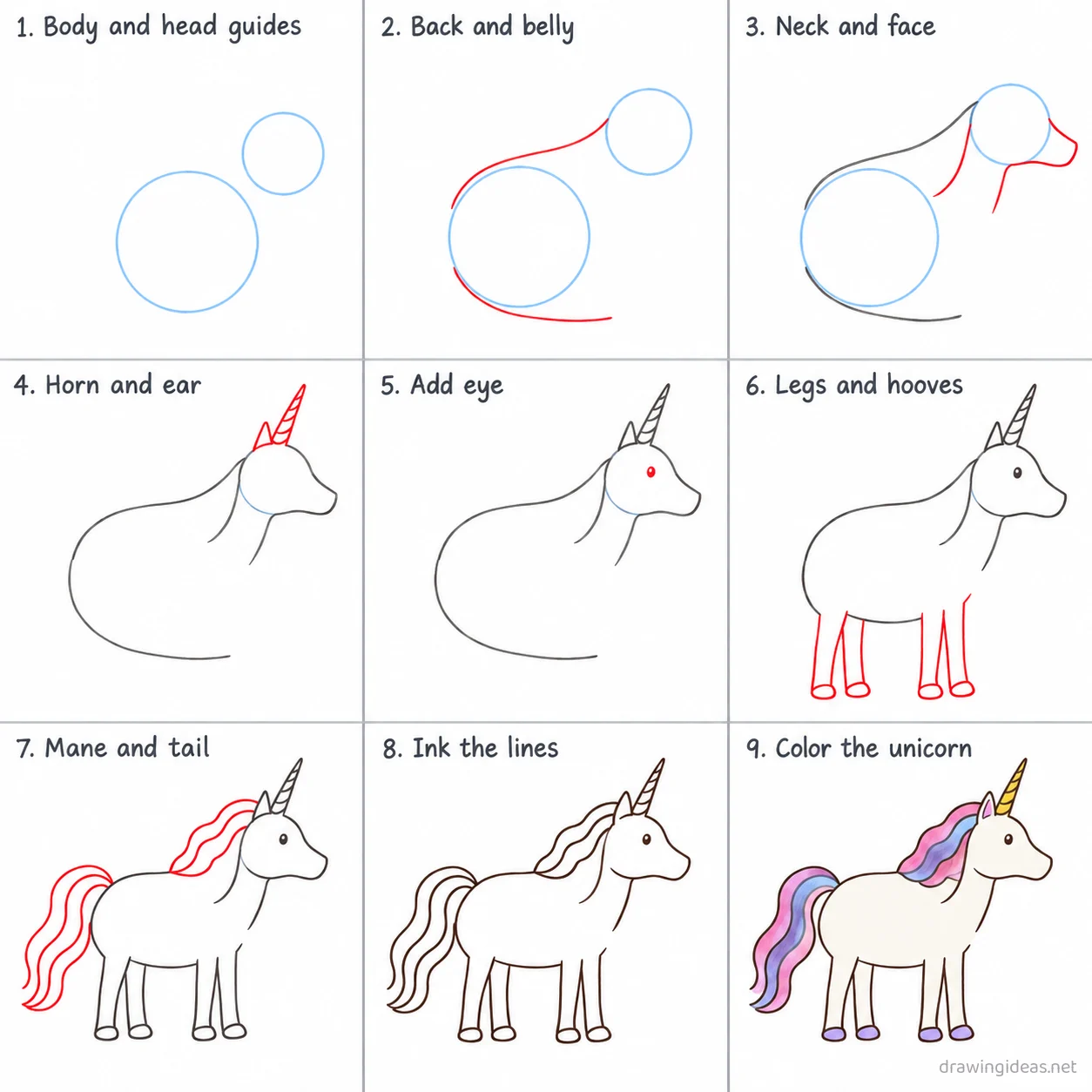 How to draw an unicorn step by step — 9-step unicorn drawing tutorial sheet