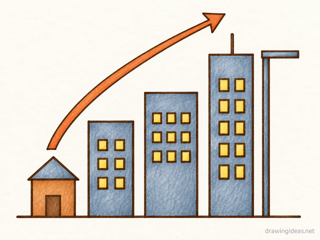 Urbanization drawing — hand-drawn urbanization illustration with ink lines and soft colors