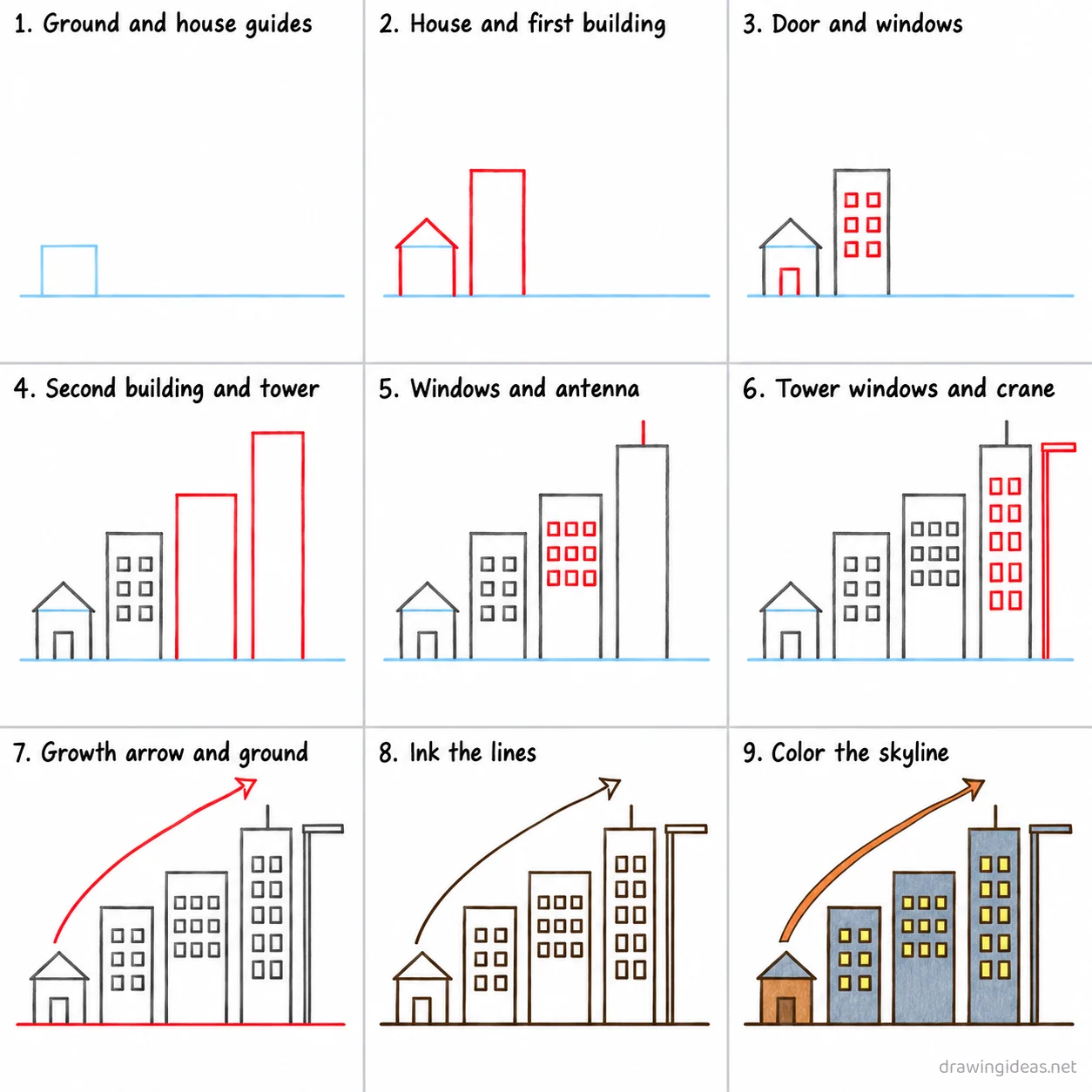 How to draw urbanization step by step — 9-step urbanization drawing tutorial sheet