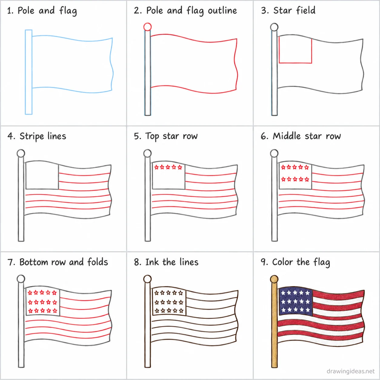 How to draw the USA step by step — 9-step USA drawing tutorial sheet