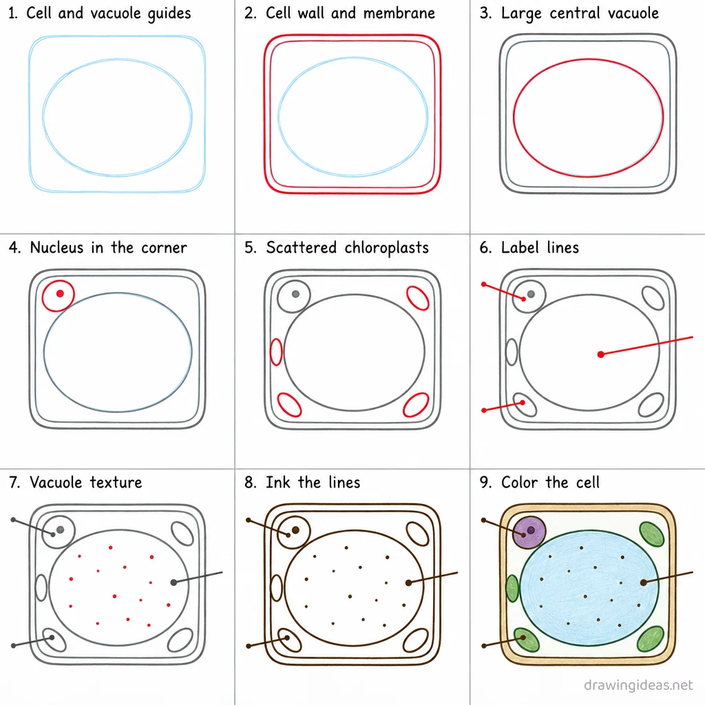 How to draw a vacuole step by step — 9-step vacuole drawing tutorial sheet