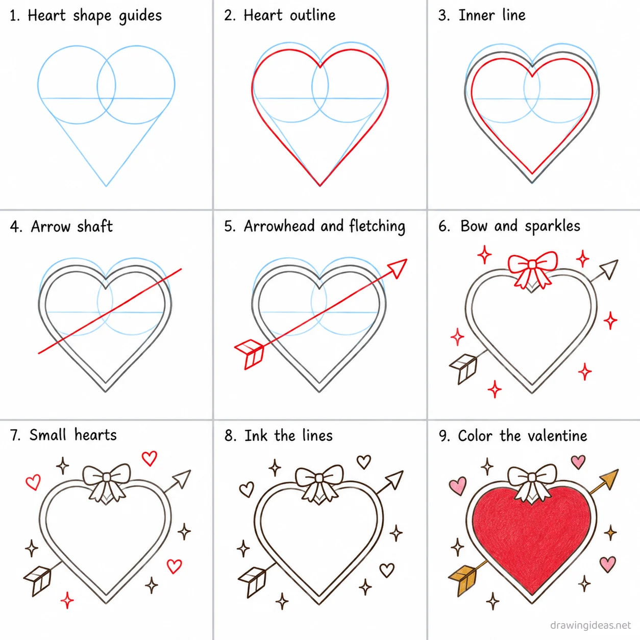 How to draw Valentines Day step by step — 9-step Valentines Day drawing tutorial sheet