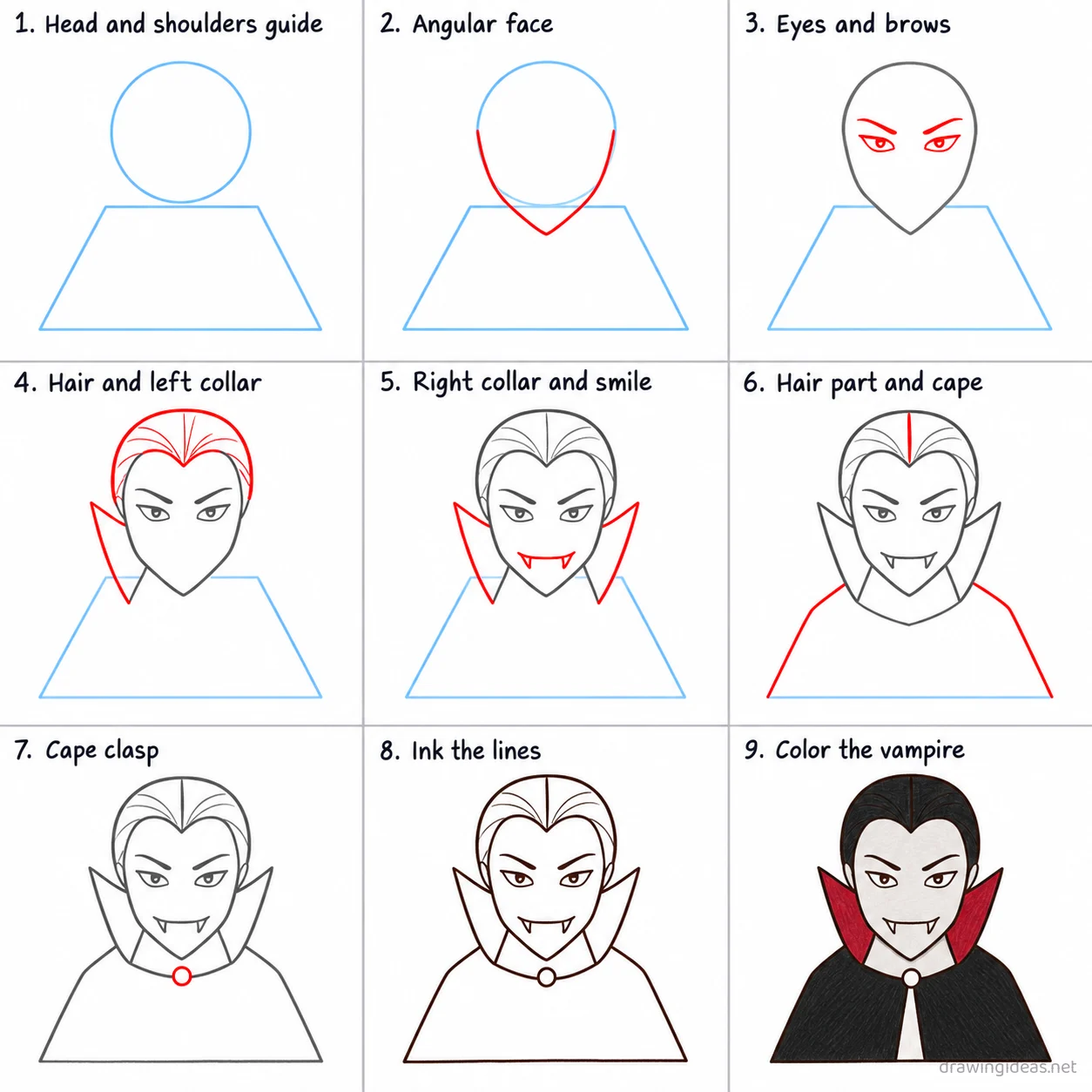 How to draw a vampire step by step — 9-step vampire drawing tutorial sheet