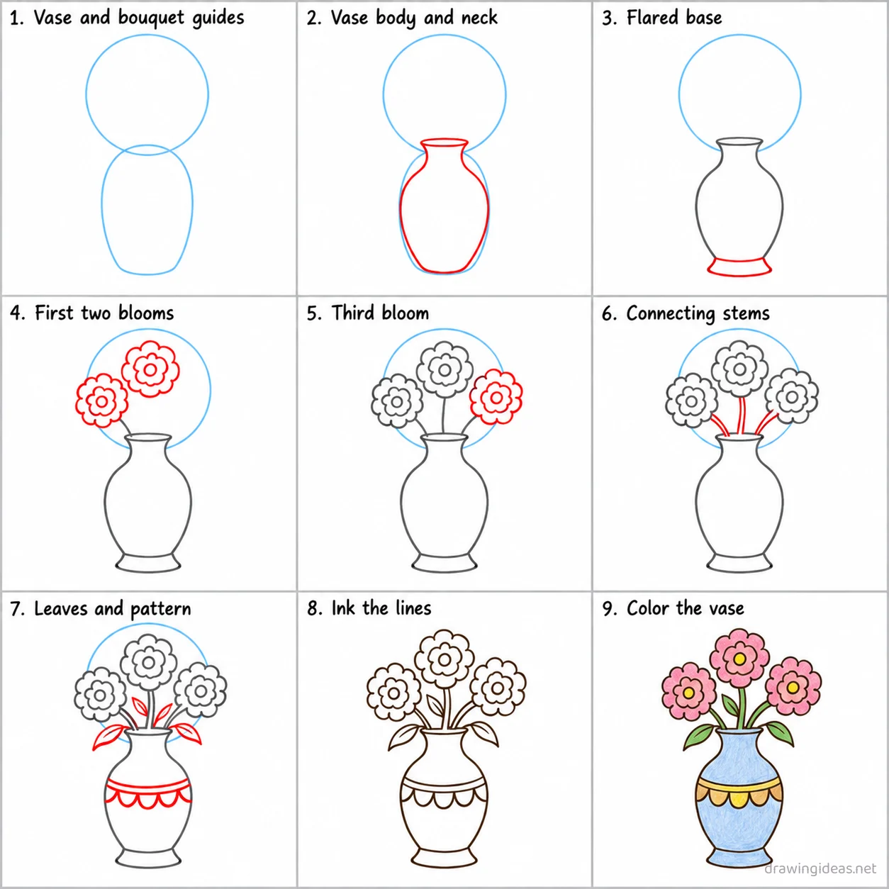 How to draw a vase step by step — 9-step vase drawing tutorial sheet