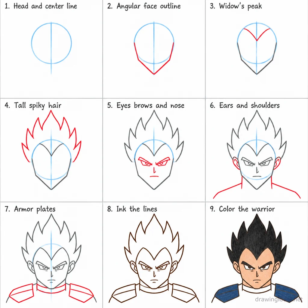 How to draw Vegeta step by step — 9-step Vegeta drawing tutorial sheet