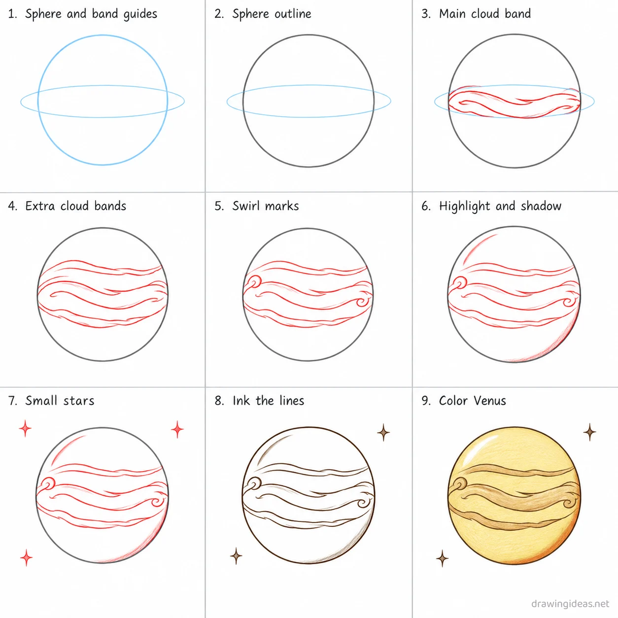 How to draw a venus step by step — 9-step venus drawing tutorial sheet