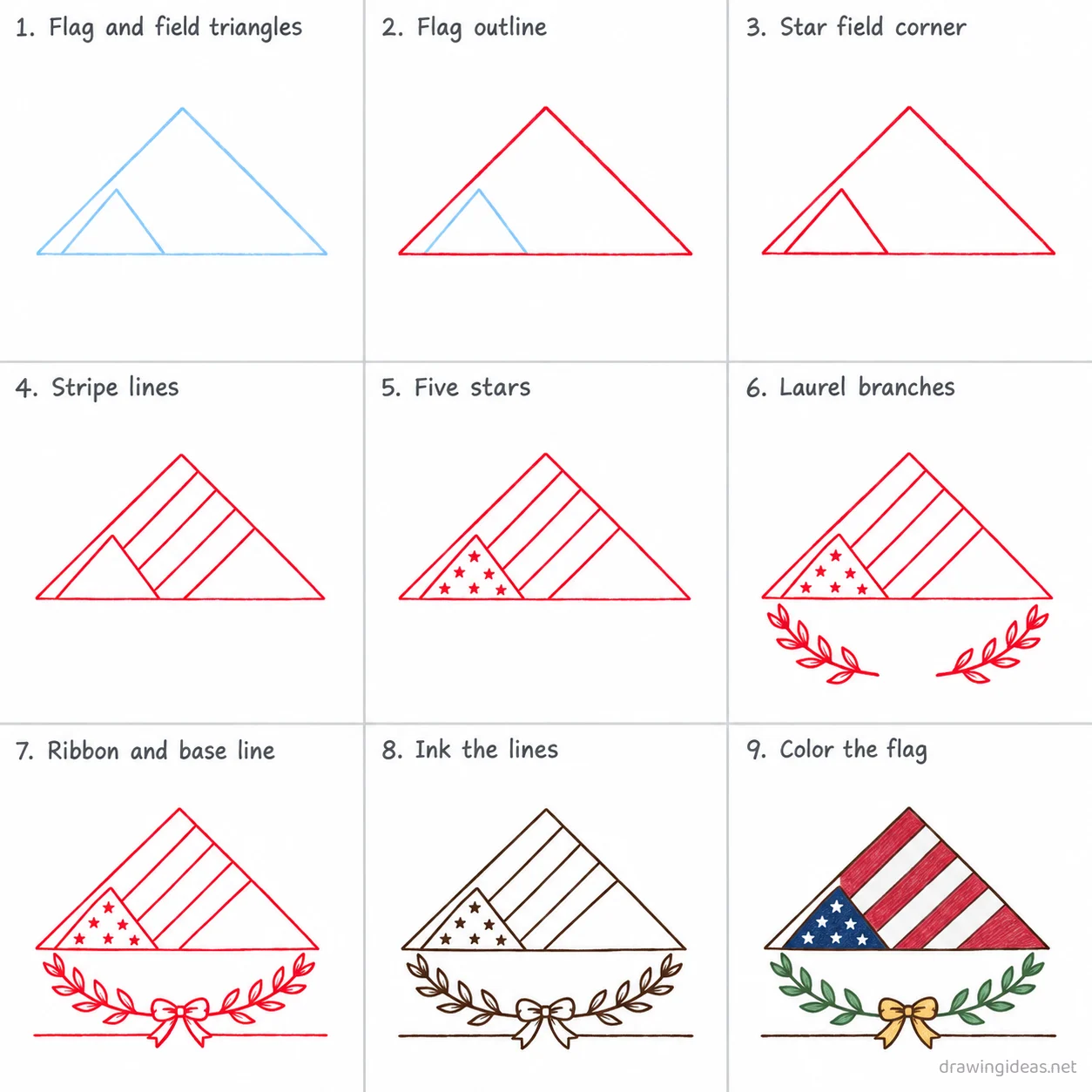 How to draw Veterans Day step by step — 9-step Veterans Day drawing tutorial sheet
