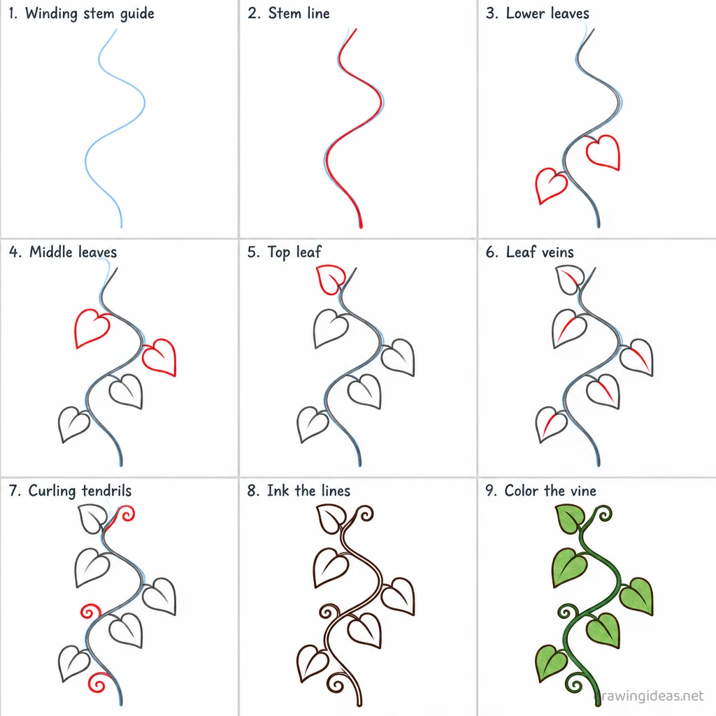 How to draw a vine step by step — 9-step vine drawing tutorial sheet