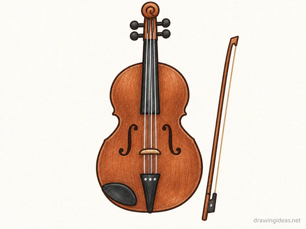 Violin drawing — hand-drawn violin illustration with ink lines and soft colors