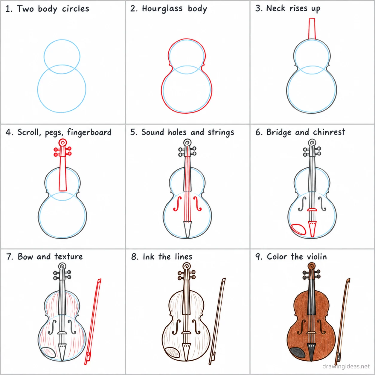 How to draw a violin step by step — 9-step violin drawing tutorial sheet