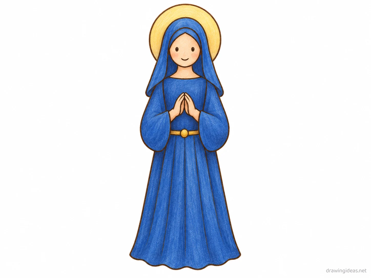 Virgin Mary drawing — hand-drawn Virgin Mary illustration with ink lines and soft colors