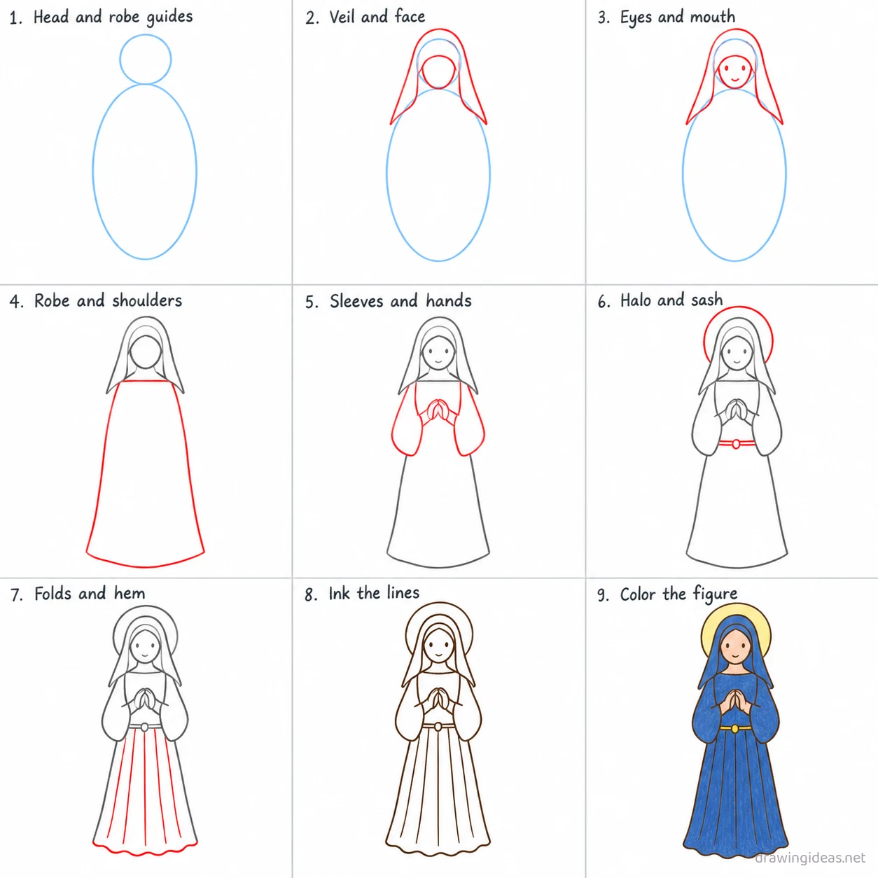 How to draw Virgin Mary step by step — 9-step Virgin Mary drawing tutorial sheet