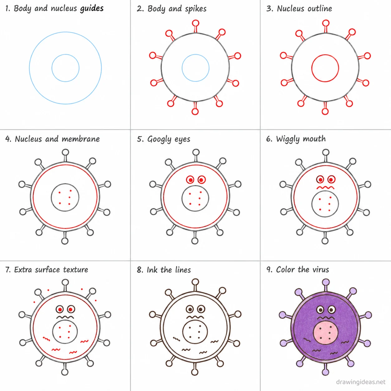 How to draw a virus step by step — 9-step virus drawing tutorial sheet