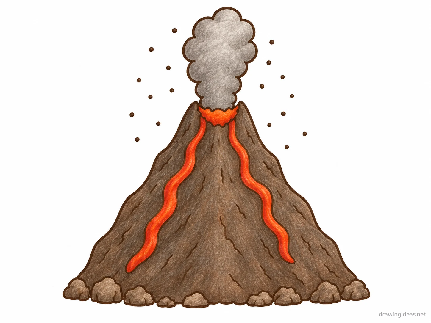 Volcano drawing — hand-drawn volcano illustration with ink lines and soft colors