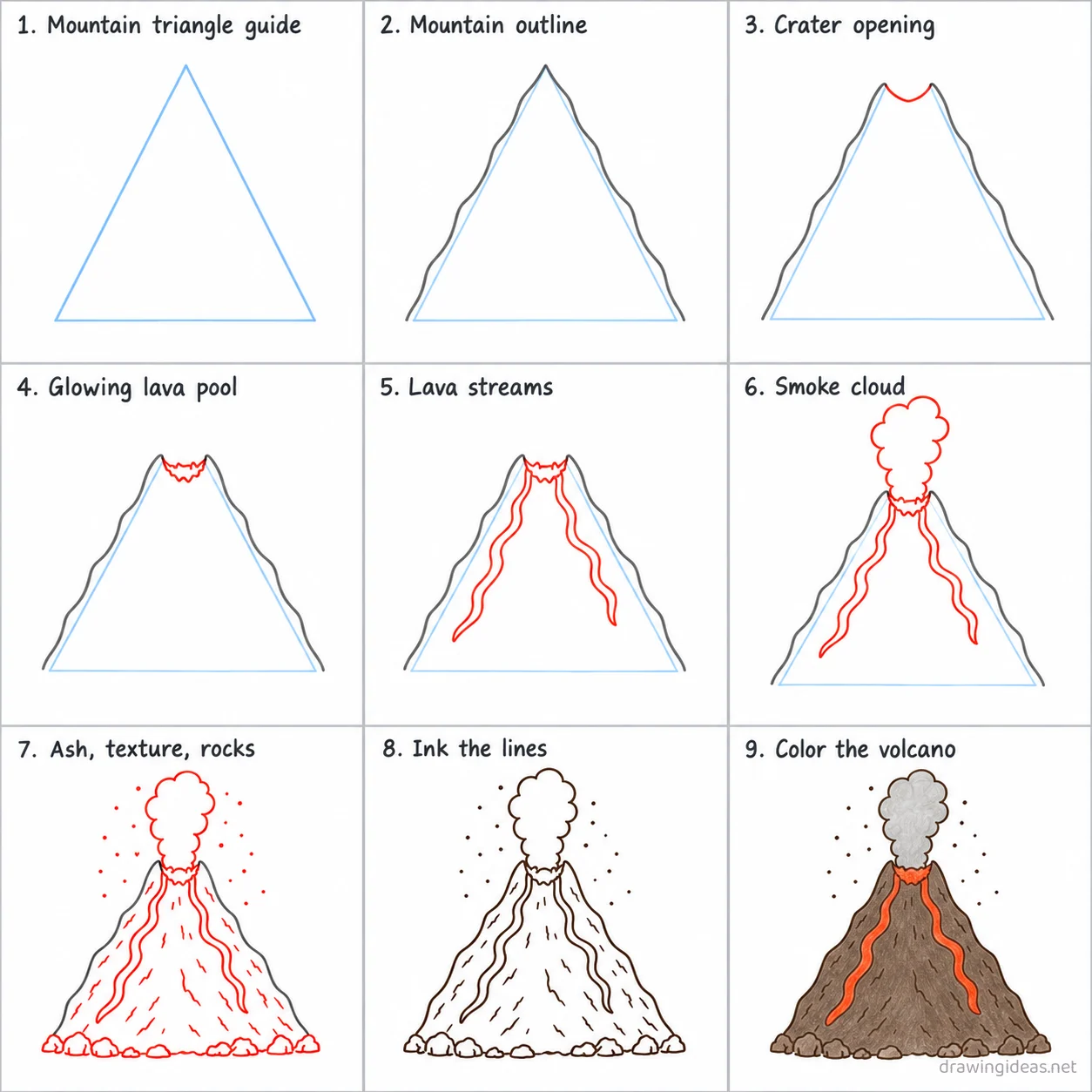 How to draw a volcano step by step — 9-step volcano drawing tutorial sheet