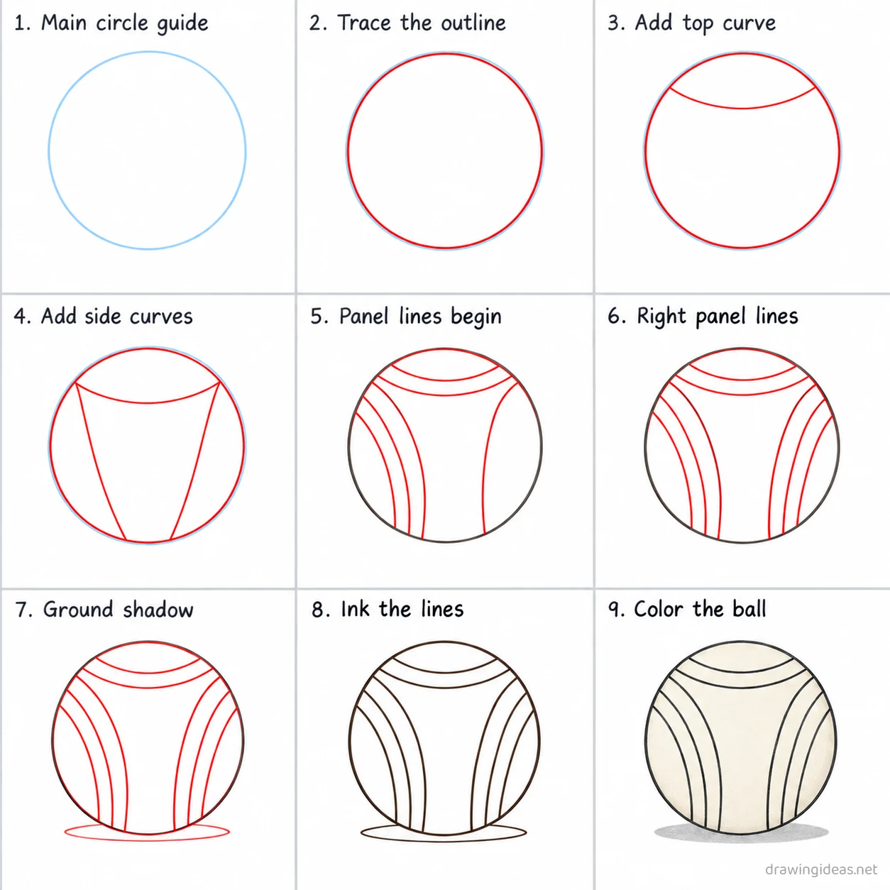 How to draw a volleyball step by step — 9-step volleyball drawing tutorial sheet