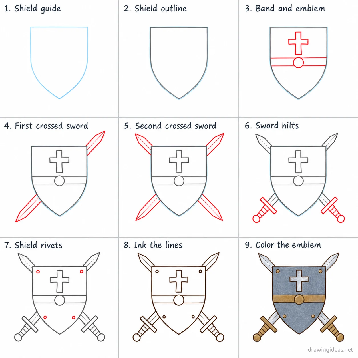 How to draw war step by step — 9-step war drawing tutorial sheet
