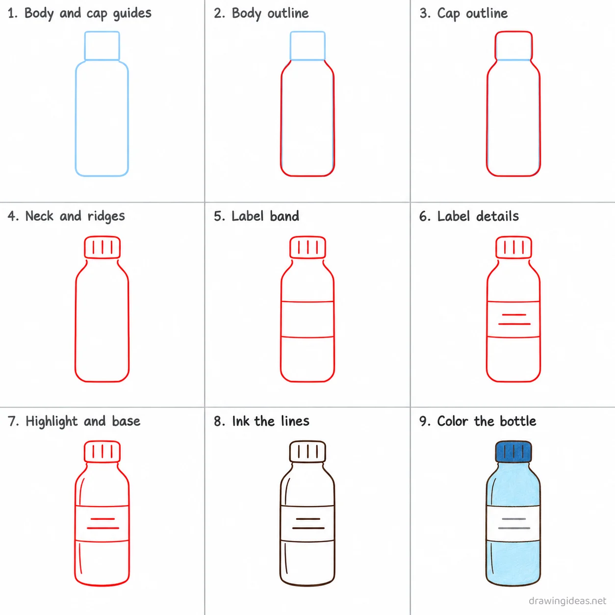 How to draw a water bottle step by step — 9-step water bottle drawing tutorial sheet