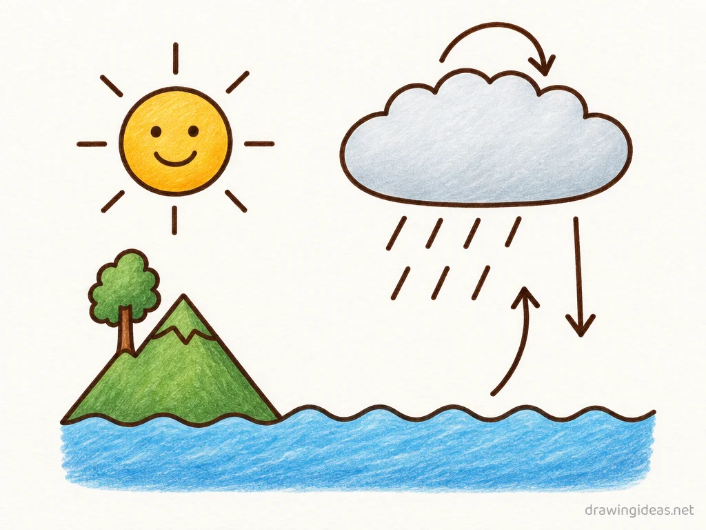Water Cycle drawing — hand-drawn Water Cycle illustration with ink lines and soft colors