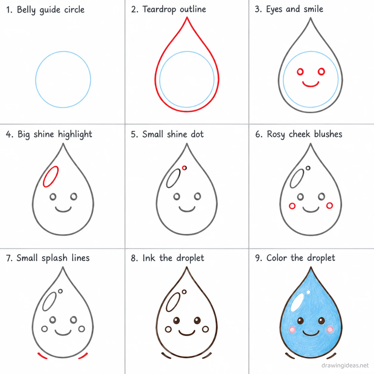 How to draw a water droplet step by step — 9-step water droplet drawing tutorial sheet