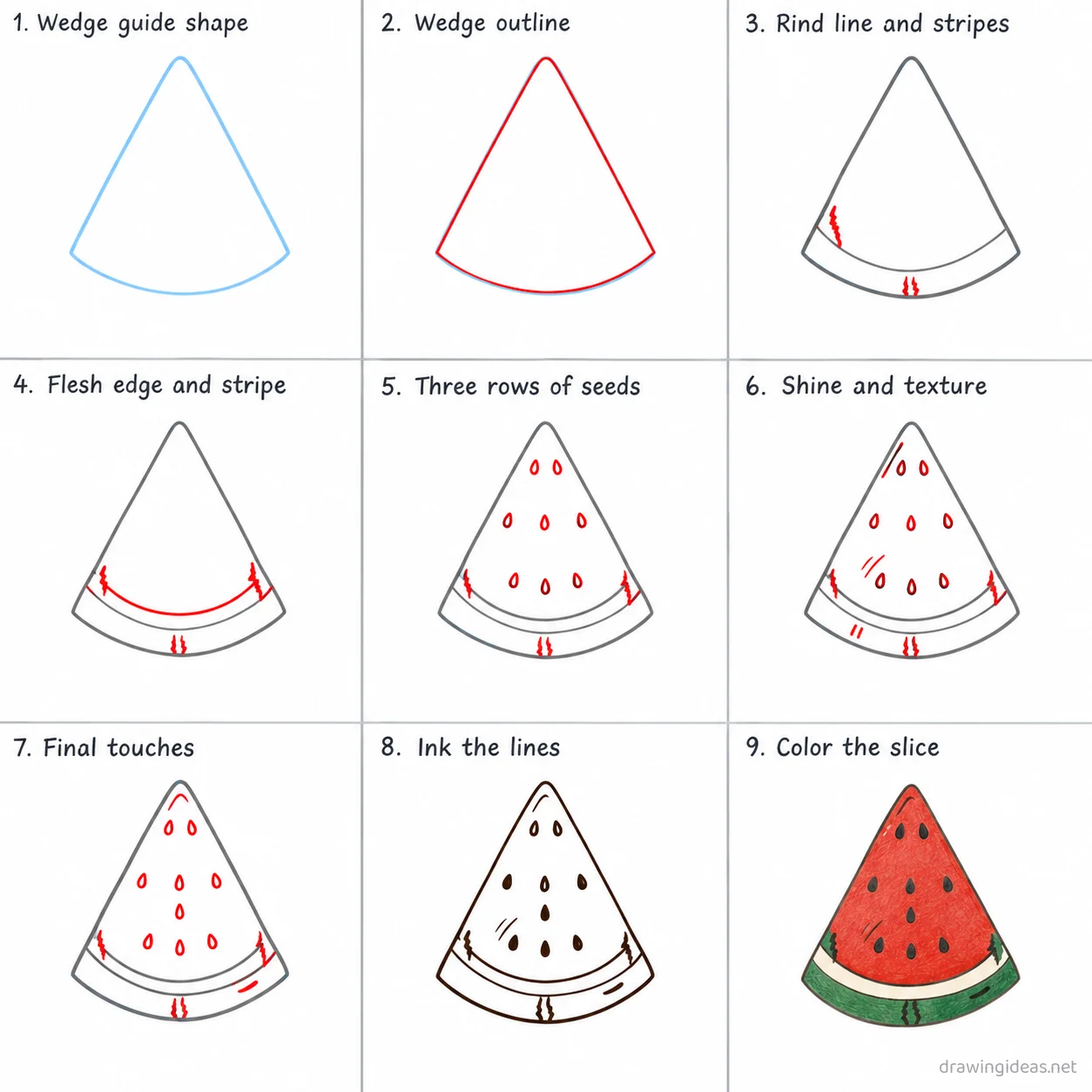 How to draw a watermelon step by step — 9-step watermelon drawing tutorial sheet