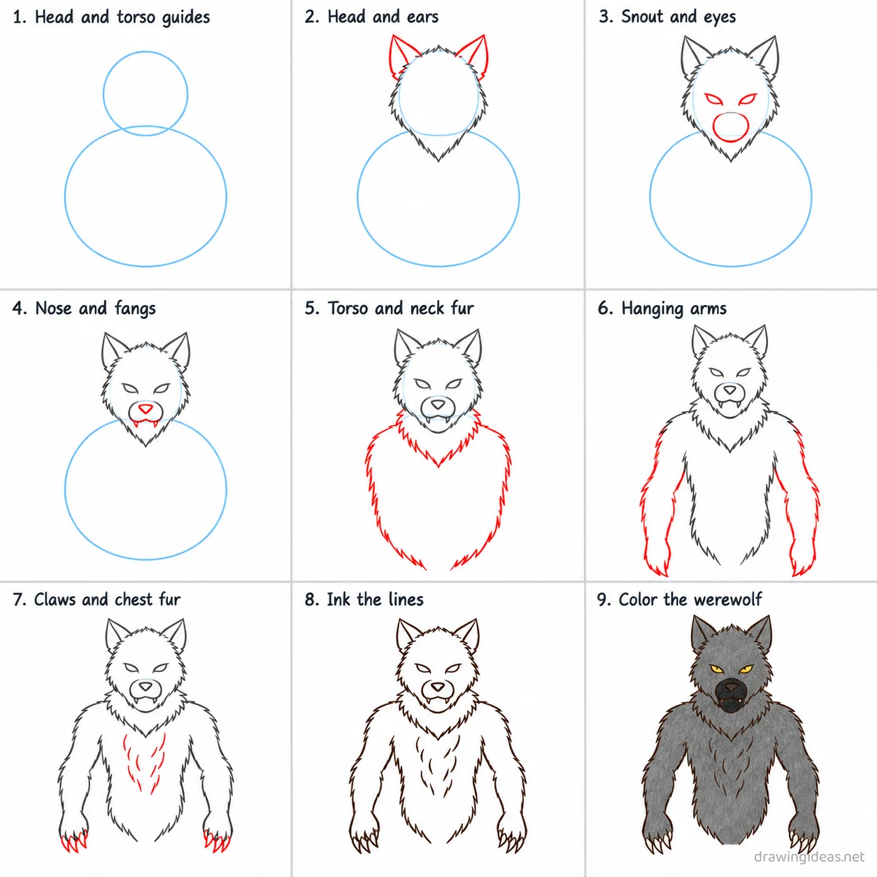 How to draw a werewolf step by step — 9-step werewolf drawing tutorial sheet