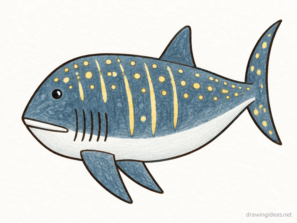 Whale Shark drawing — hand-drawn whale shark illustration with ink lines and soft colors