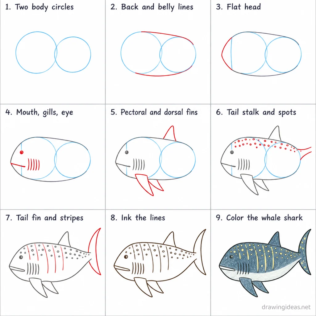 How to draw a whale shark step by step — 9-step whale shark drawing tutorial sheet