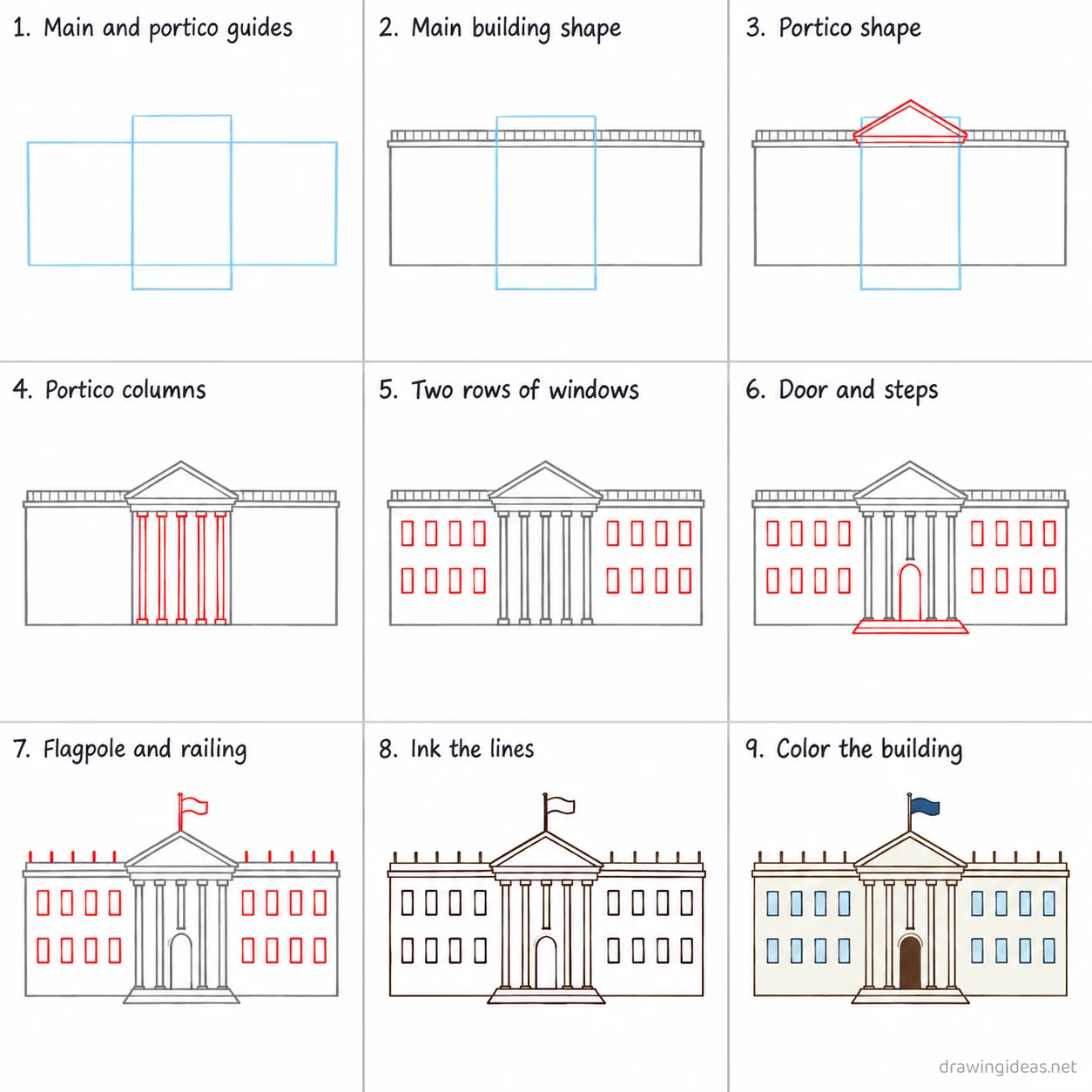 How to draw the White House step by step — 9-step White House drawing tutorial sheet