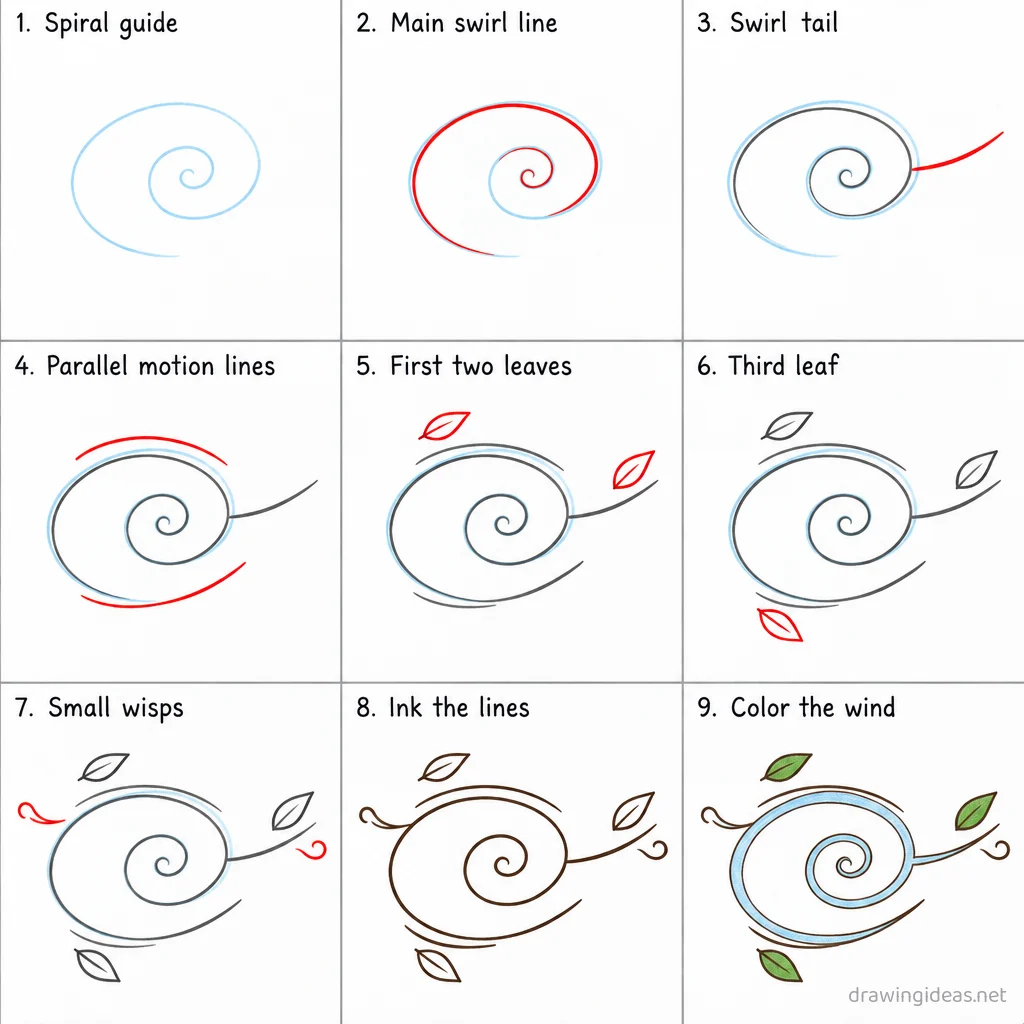 How to draw wind step by step — 9-step wind drawing tutorial sheet