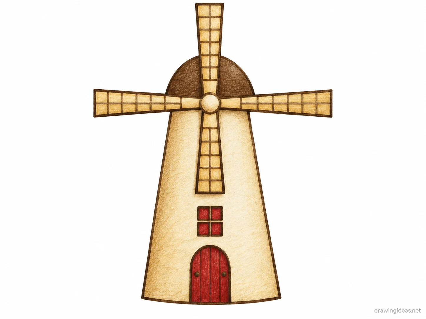 Windmill drawing — hand-drawn windmill illustration with ink lines and soft colors